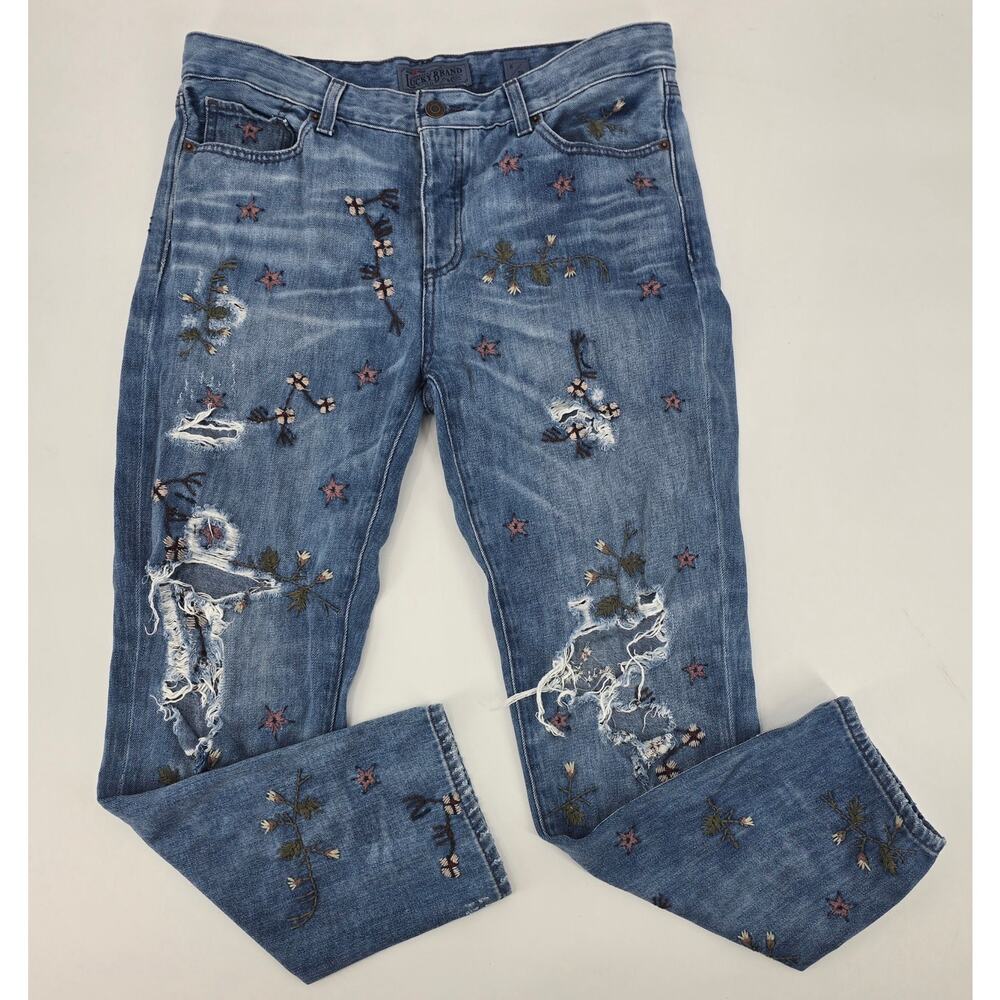 Lucky Brand 
Button Fly Sienna Slim Boyfriend‎ Embroidered Distructed Jeans